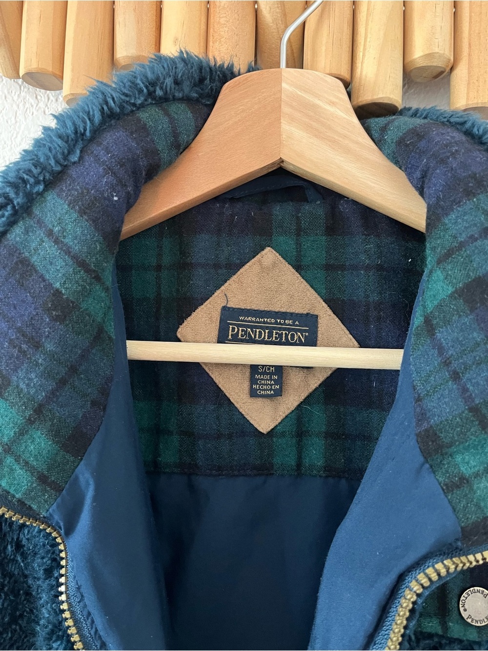 Pendleton Women Small Sherpa Coat Jacket Fleece Wool Plaid Blue Green - Picture 3 of 9
